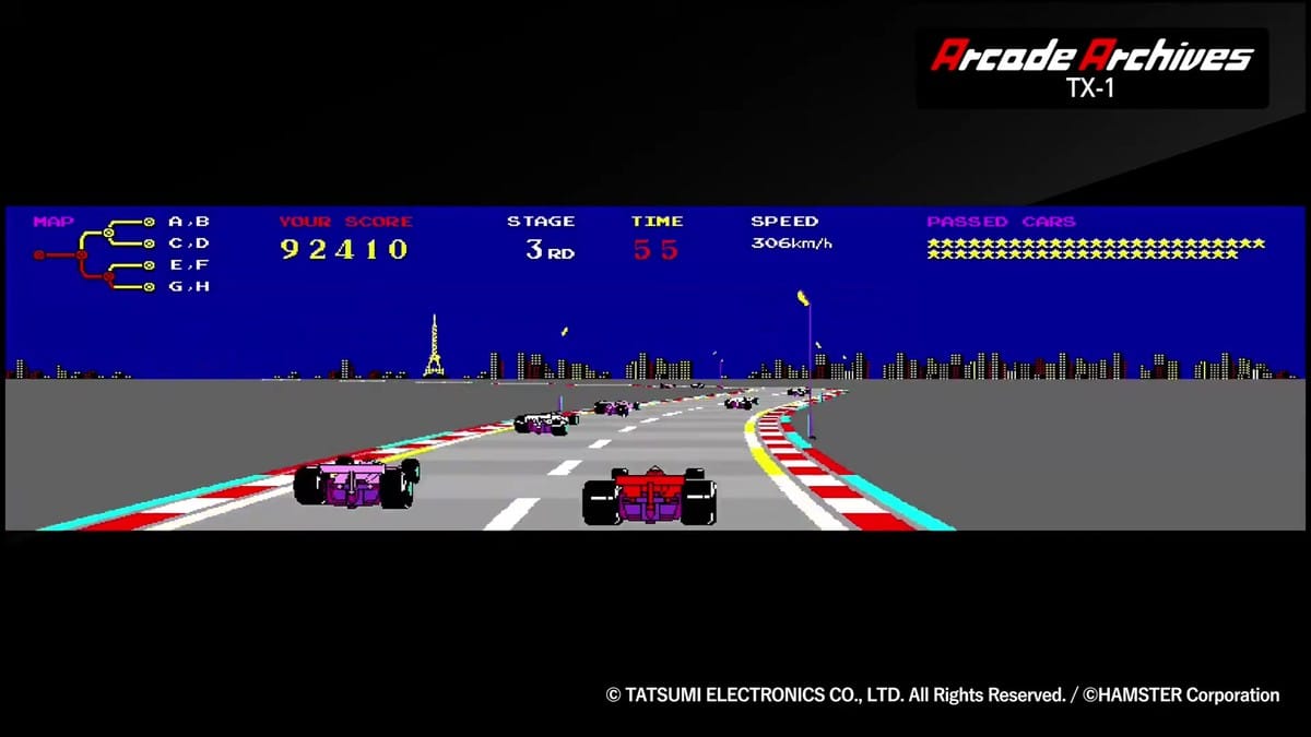 High-speed racing during Stage 3 with the Eiffel Tower visible in the background city skyline.