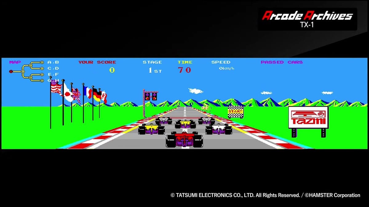 The starting line of Stage 1 showing the multi-screen panoramic view of F1 cars on the grid.