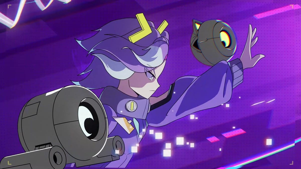 A character with purple hair and a futuristic headset reaching out to a floating cat-like robotic drone.