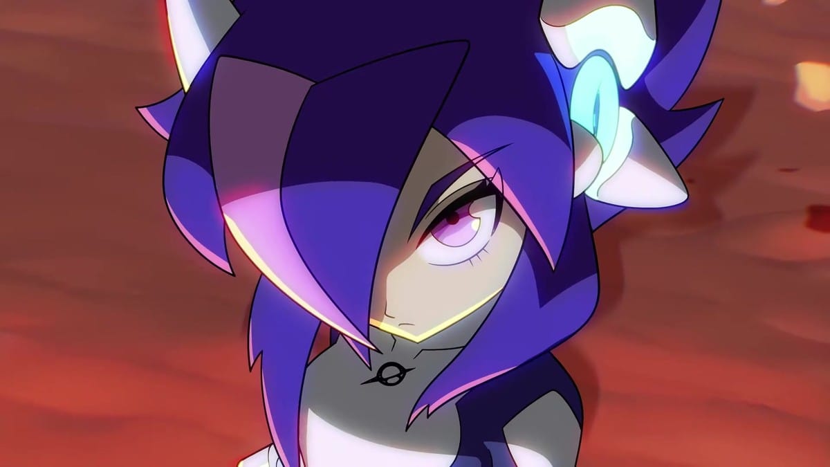 A close-up of a stylized anime character with glowing purple eyes.