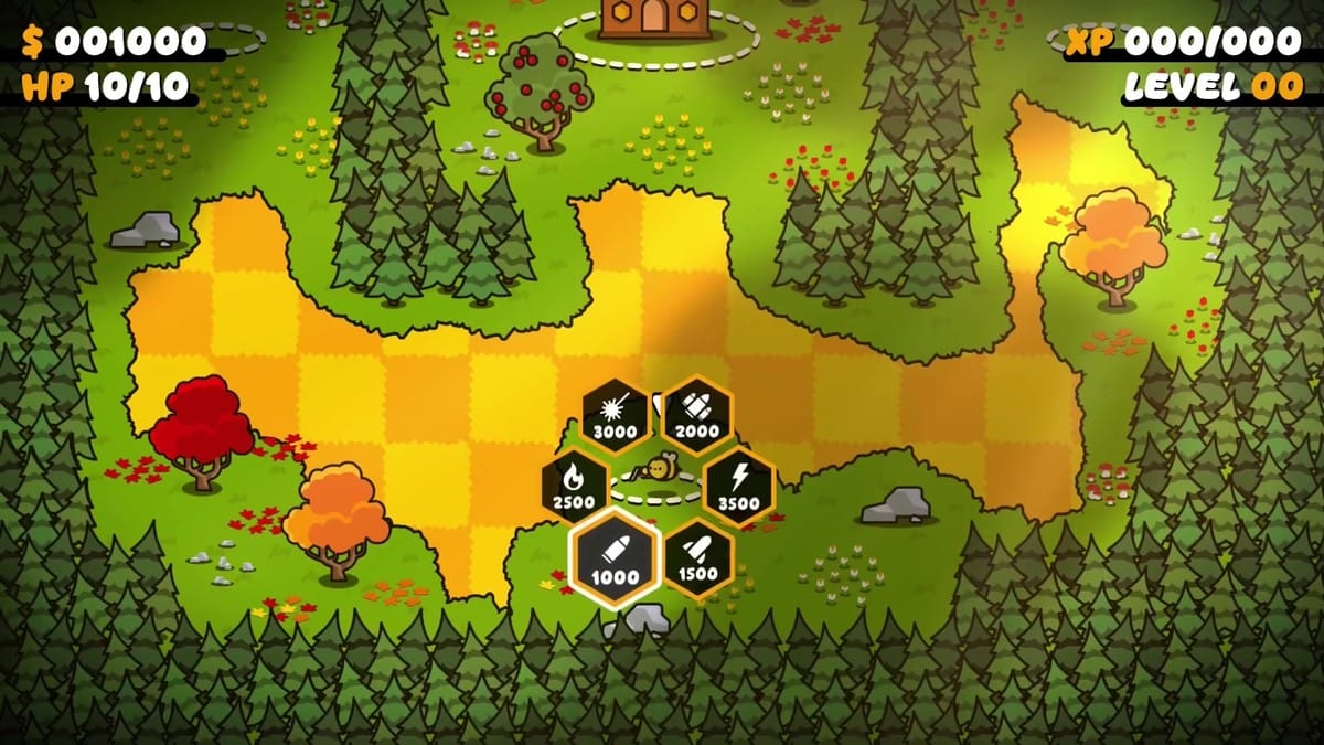 Building menu overlay showing tower choices alongside costs.