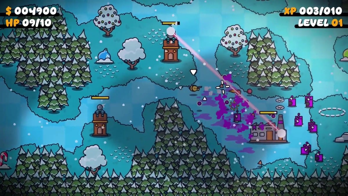 Chaotic battle scene where defensive towers deploy flame traps while the player fights off swarms of yellow and purple enemies.