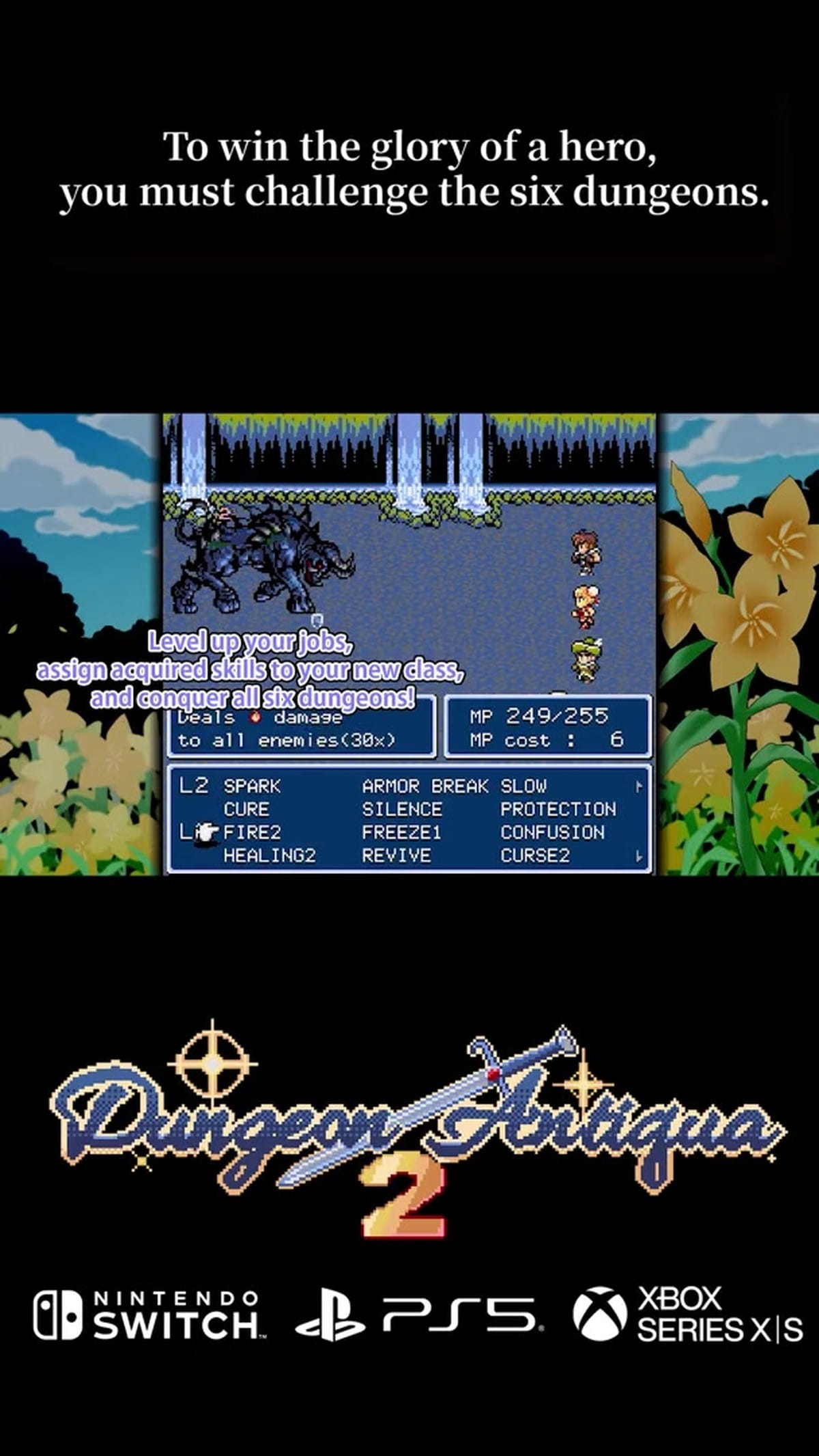 Side-view turn-based battle interface against a Behemoth boss, showcasing magic spell selection and party stats.