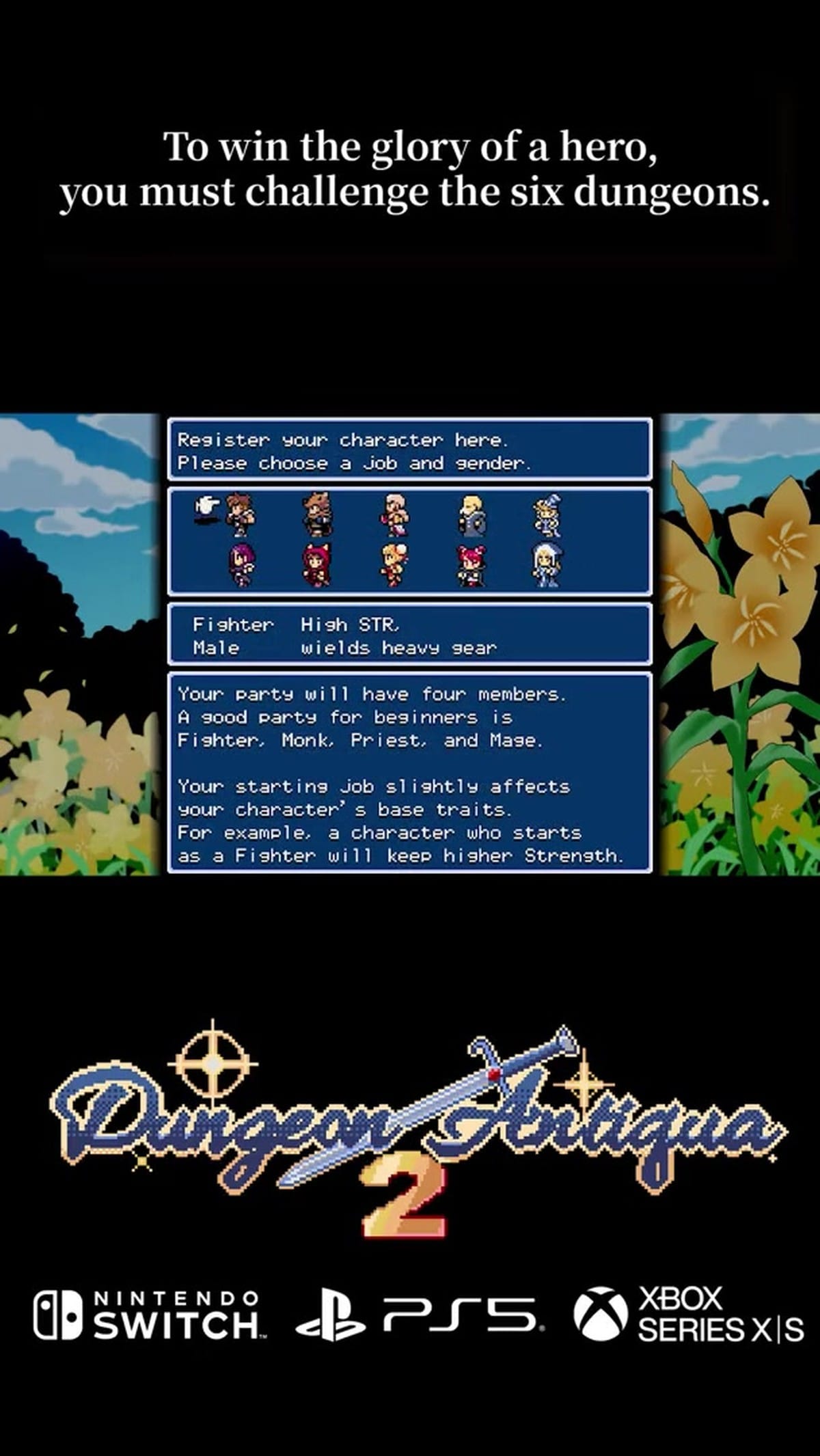 Character registration screen showing classic 16-bit pixel art style, job selection (Fighter, Monk, Priest, Mage), and starting attributes.