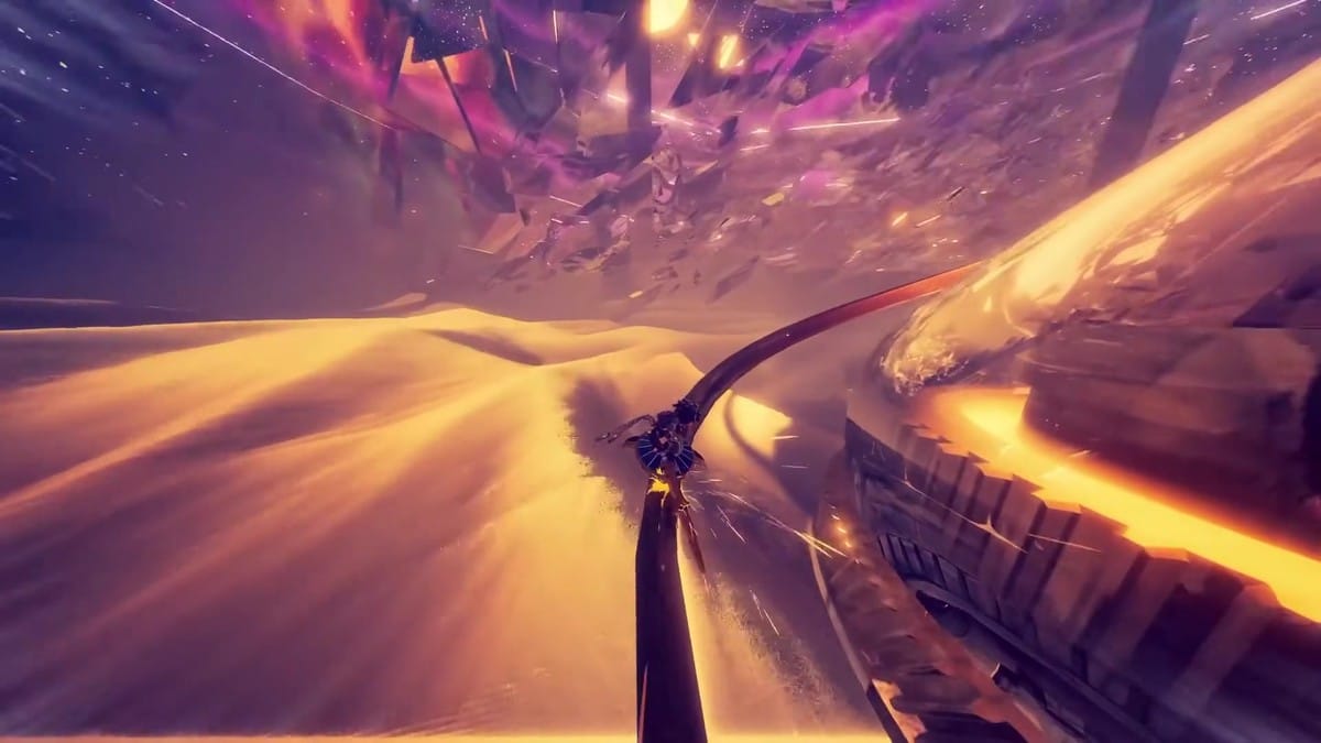 The protagonist grinding on a glowing rail through a shattered golden landscape