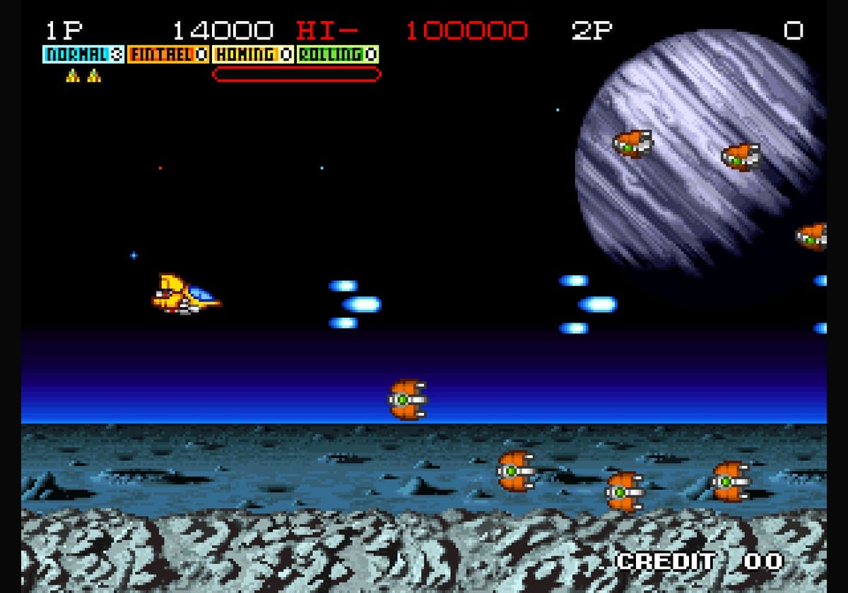Screenshot of Andro Dunos gameplay showing a spaceship firing lasers at mechanical enemies