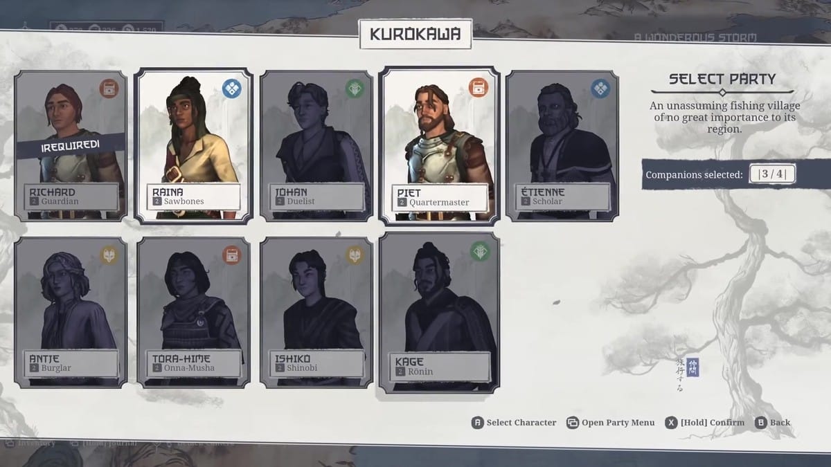 The 'Select Party' screen showing all eight companions