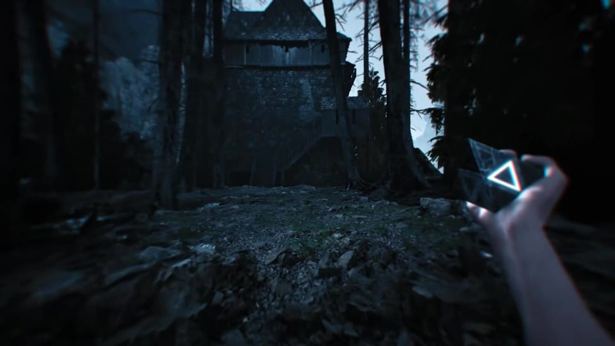 A first-person view of the player holding a glowing, geometric artifact towards a dark, gothic-style tower.