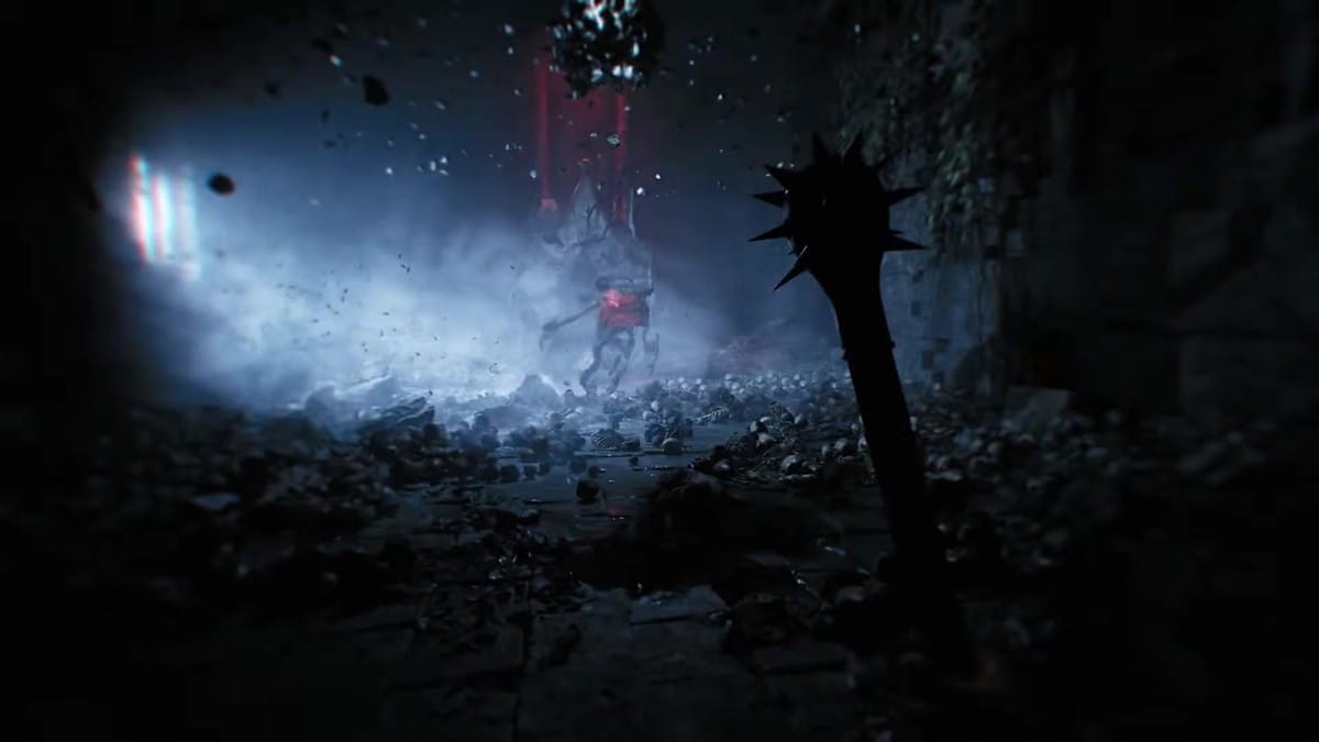 A menacing, horned shadow creature with a glowing red core stalking through a ruined hallway.