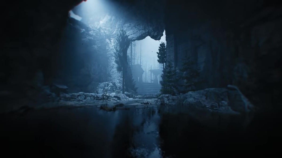 A white door stained with blood standing alone in a misty, cavernous environment.