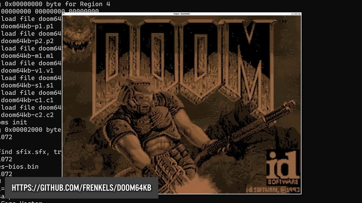 Doom 64KB running at a very low 38x28 resolution using the fixed layer.
