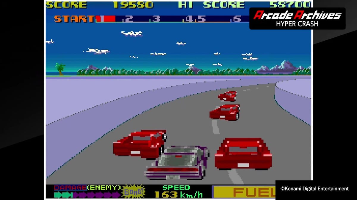 The player car racing through a snowy mountain environment.