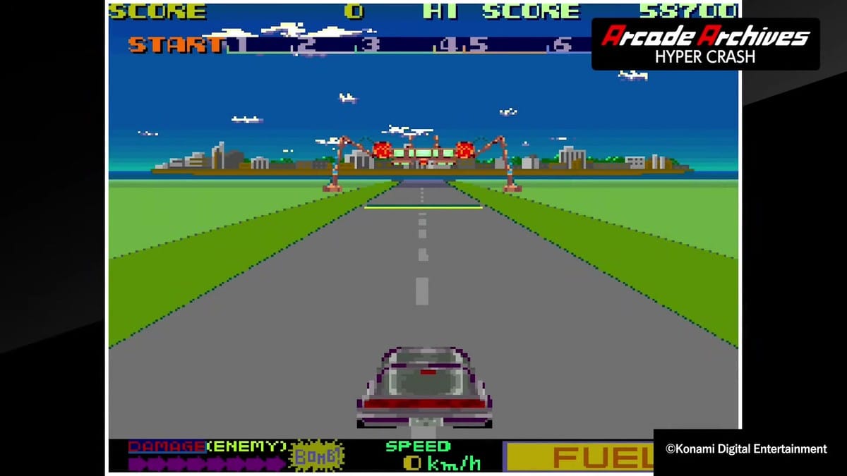 The start of the race showing the player's car and the 1980s arcade UI, including speed and fuel gauges.