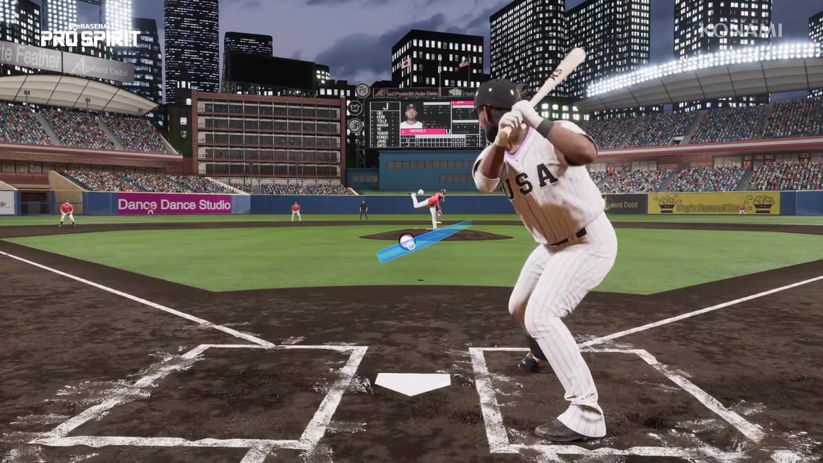 Batting view showing pitch tracker and swing action in a night stadium