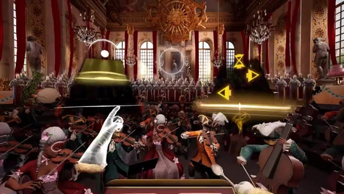 Conducting a classical 18th-century royal court orchestra using a spoon instead of a baton.