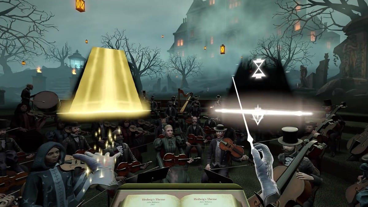 First-person perspective of conducting a dark, spooky orchestra with glowing conductor visual prompts.