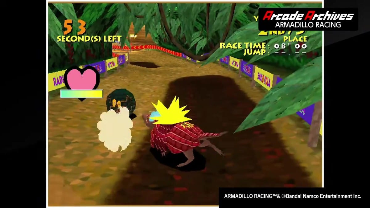 Armadillo character racing through a water course section with colorful track barriers.