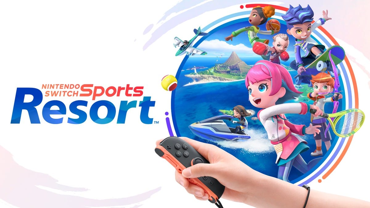 Key art for Nintendo Switch Sports Resort showing various characters playing sports