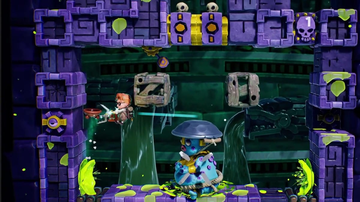 The player character dodging attacks from a large, blue, ghostly temple guardian boss.