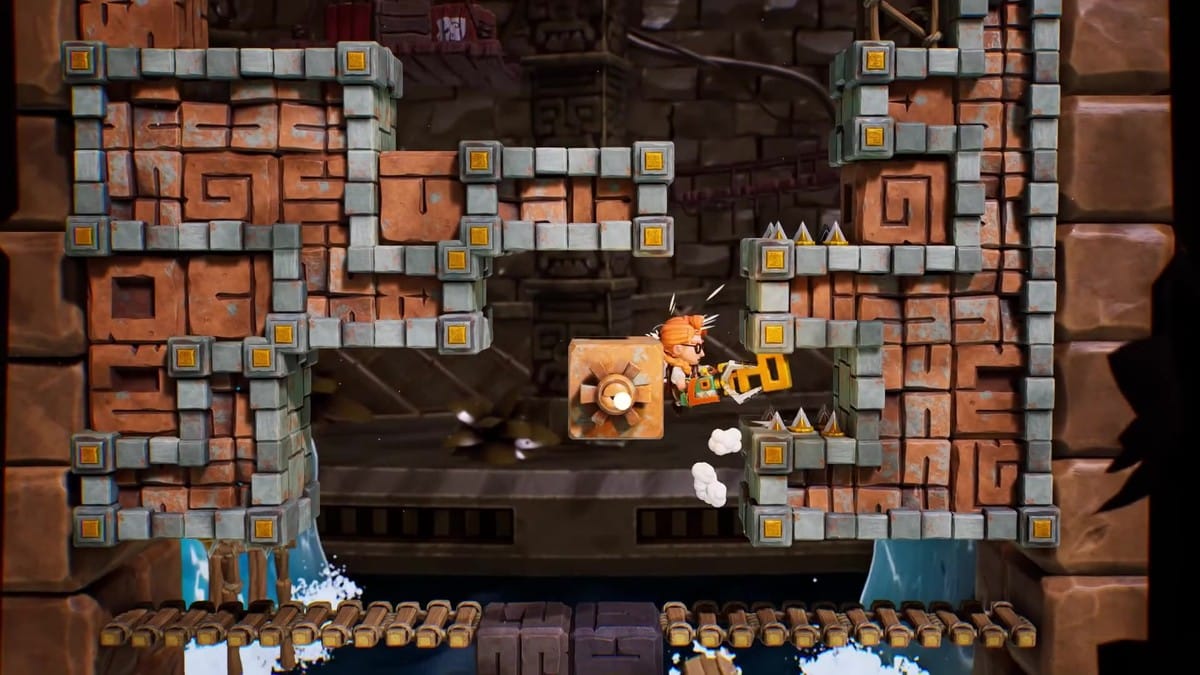 A massive chain reaction of exploding TNT crates and blocks clearing out a large portion of the screen.