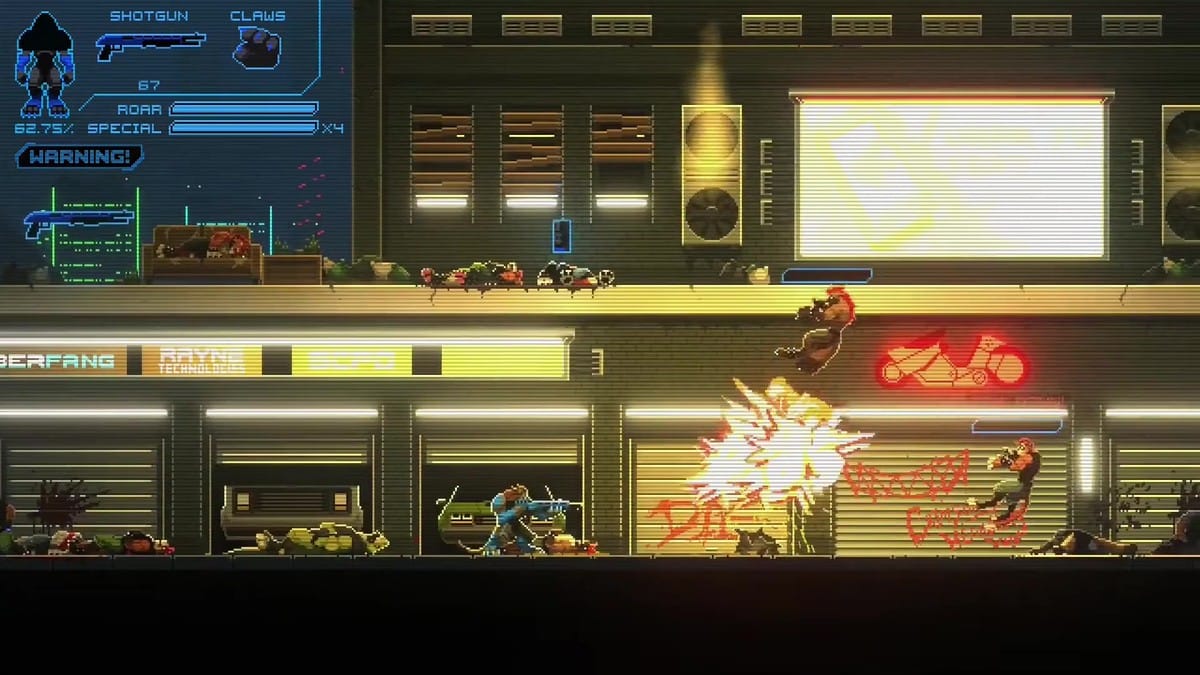 Side-scrolling pixel art combat with explosive effects