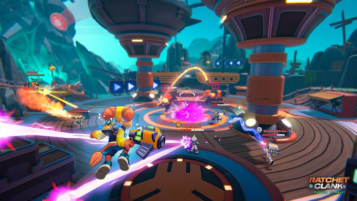 Ratchet & Clank: Ranger Rumble gameplay screenshot showing characters in an arena