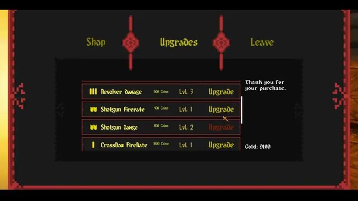 Weapon upgrade menu showing damage and fire rate stats