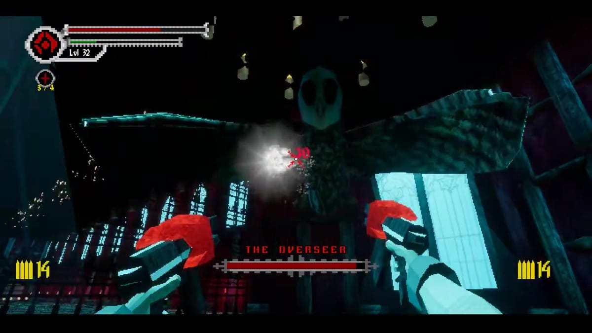 Boss fight against the giant owl creature The Overseer