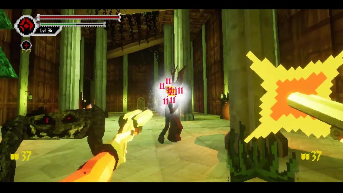 Dual-wielding energy pistols against a skull-faced enemy