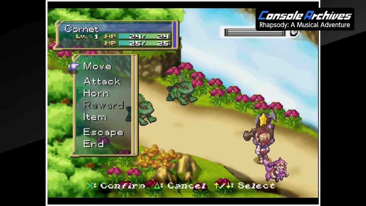 A tactical battle screen showing Cornet's command menu while facing toad enemies.