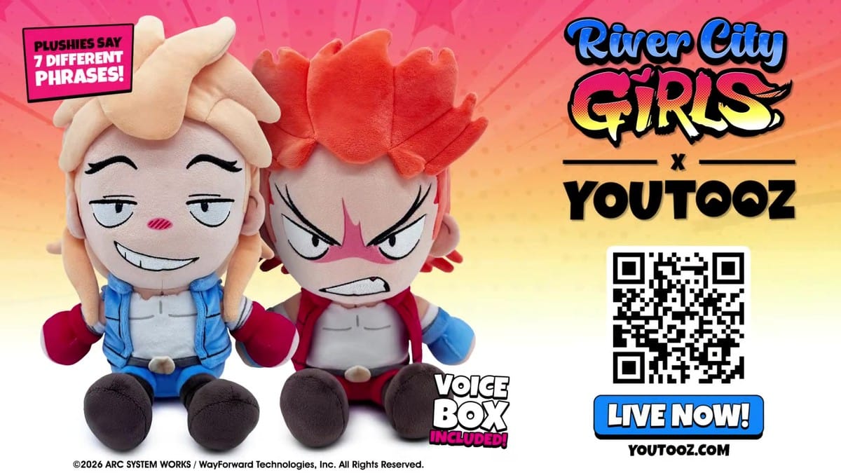 The final promotional graphic showing both plushies, the QR code, and the 'Live Now!' call to action.