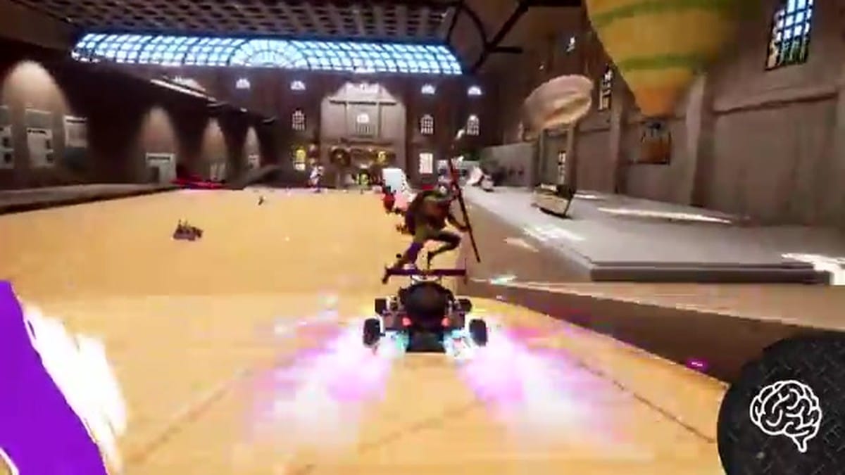 Donatello racing on a custom hoverboard through sewer sludge
