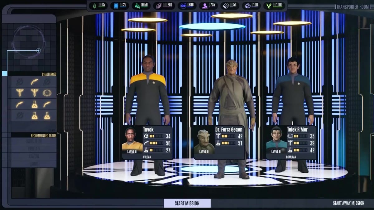 The crew selection screen in the Transporter Room showing Tuvok and other crew members