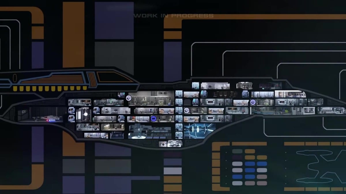 A detailed side-on cross-section view of the U.S.S. Voyager showing crew members moving through different decks