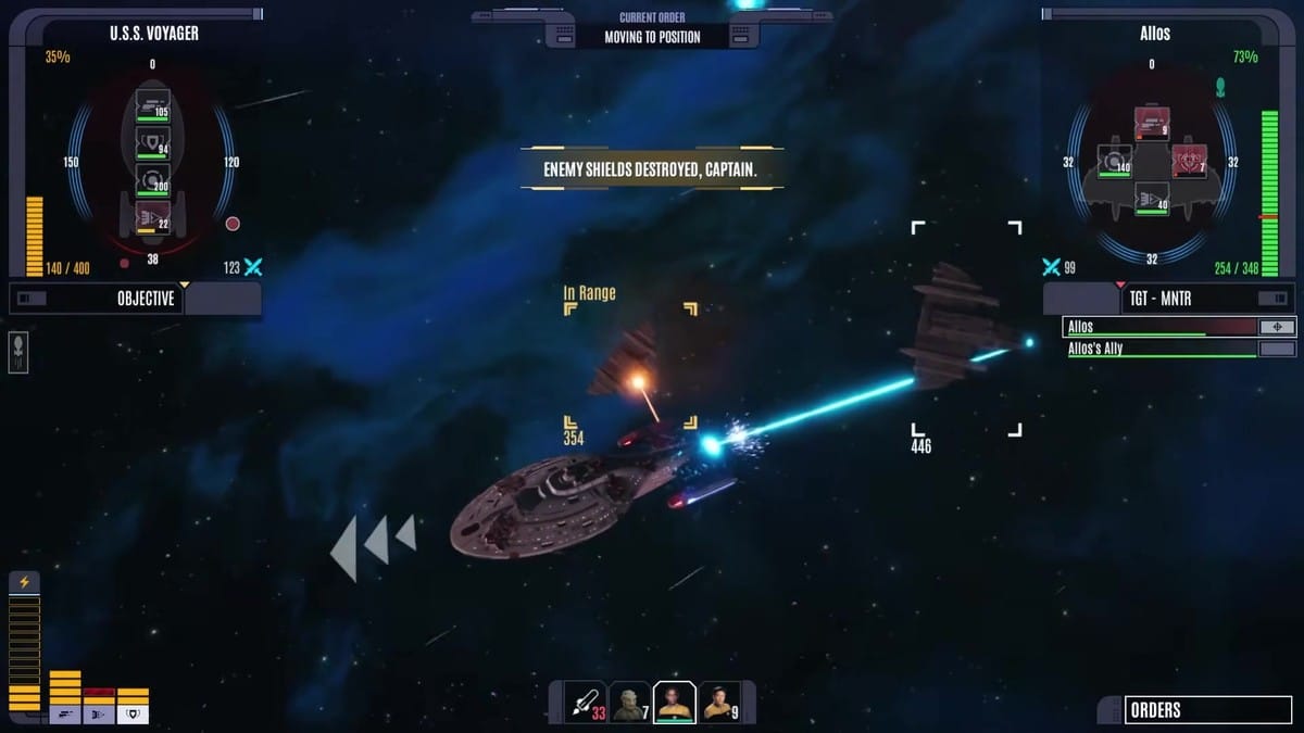 Active space combat gameplay showing the U.S.S. Voyager engaging an enemy ship named Altos