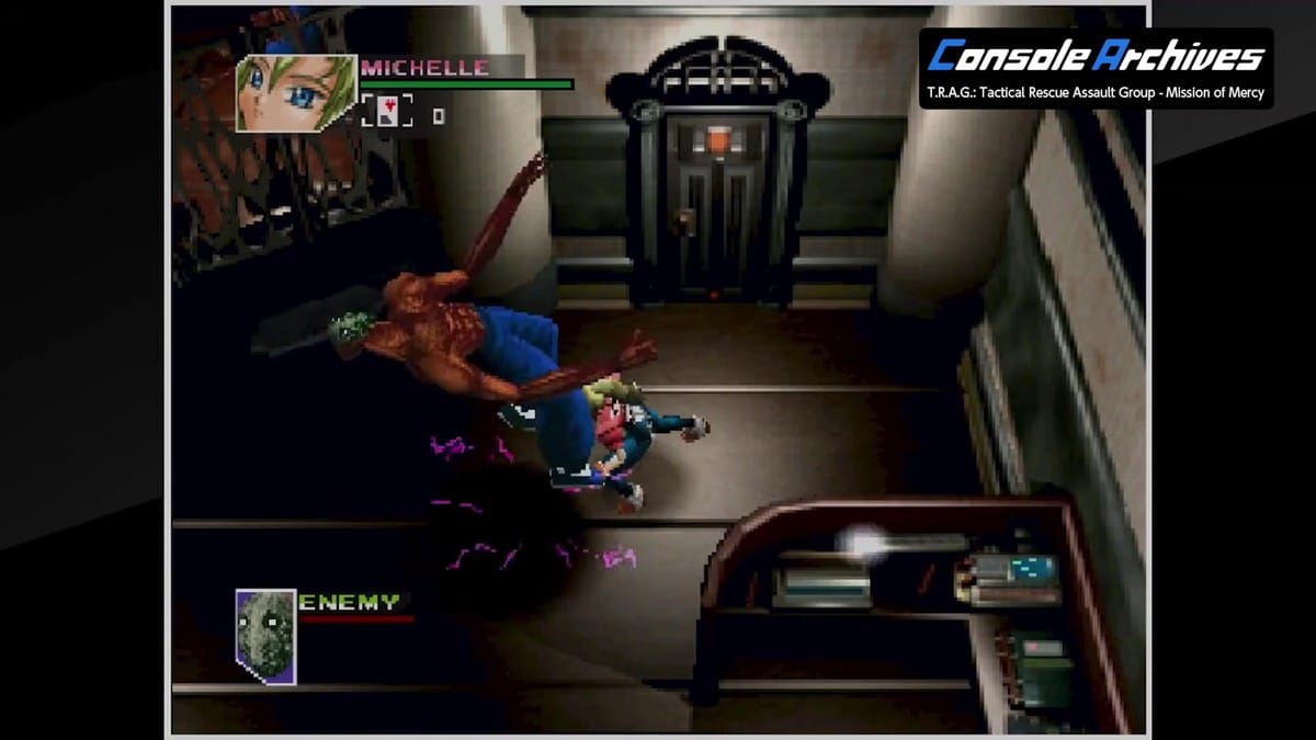 Michelle performing a high kick against an enemy in a library area
