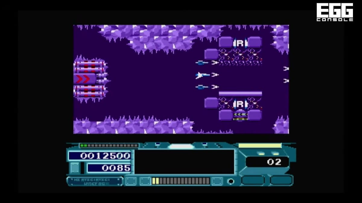 The player navigating a purple crystalline cavern stage