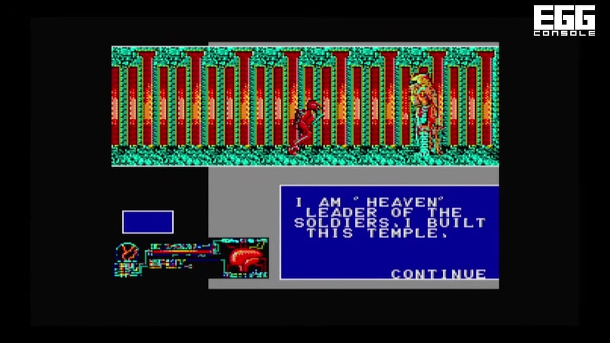 A dialogue screen where the character meets 'HEAVEN', the leader of the soldiers, who provides plot exposition.