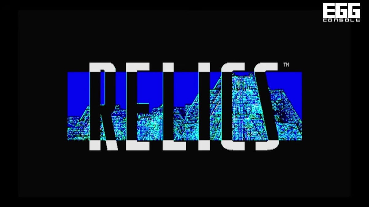 The title screen for 'RELICS' with a blue background and a pyramid-like structure.