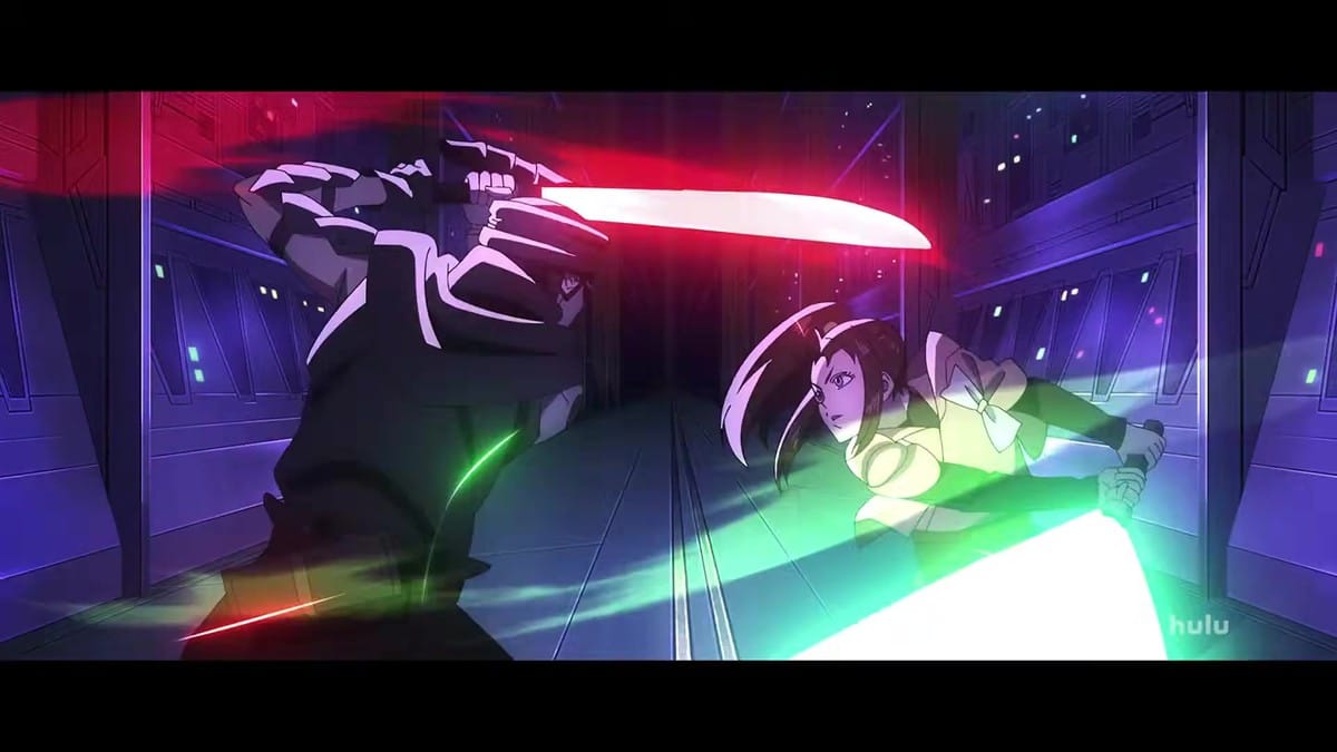 An intense lightsaber duel between the protagonist, Kara, and a masked dark side user.