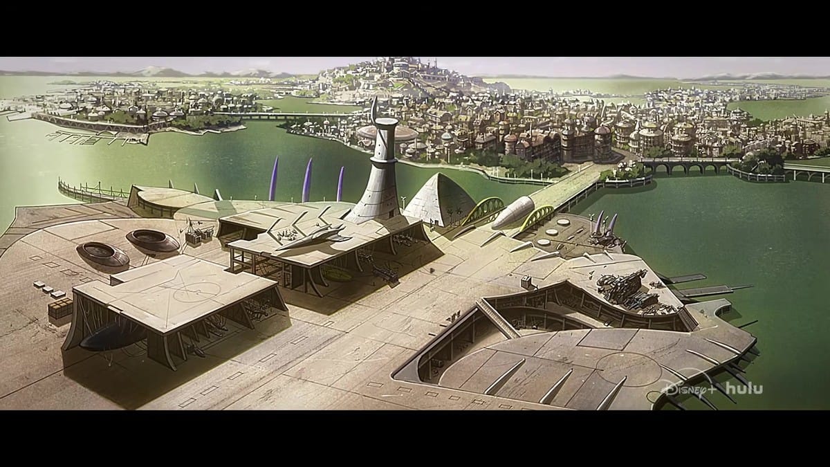 A sweeping wide shot of a futuristic city and spaceport on a coastal planet.