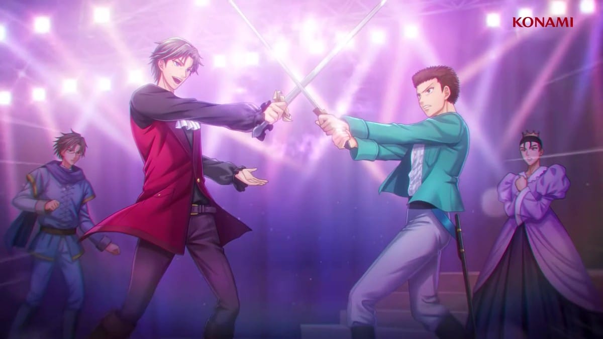 Animated CG frame showing characters performing a stage play with swords in costume