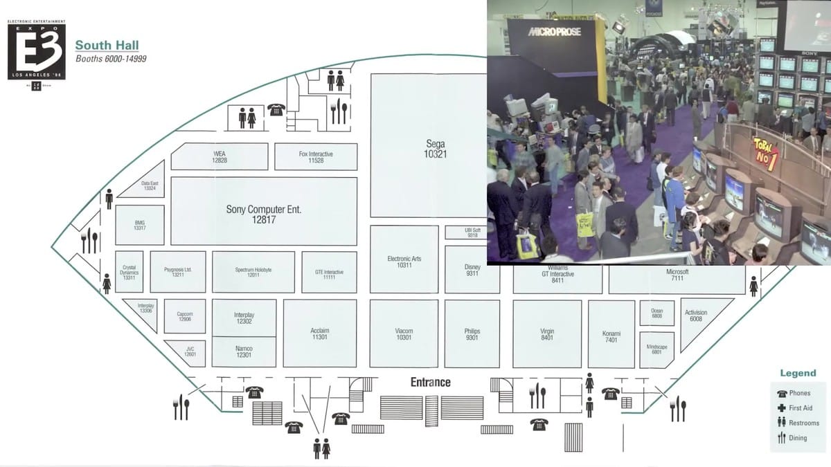 Archival E3 floor map cross-referenced with Sony booth photographs