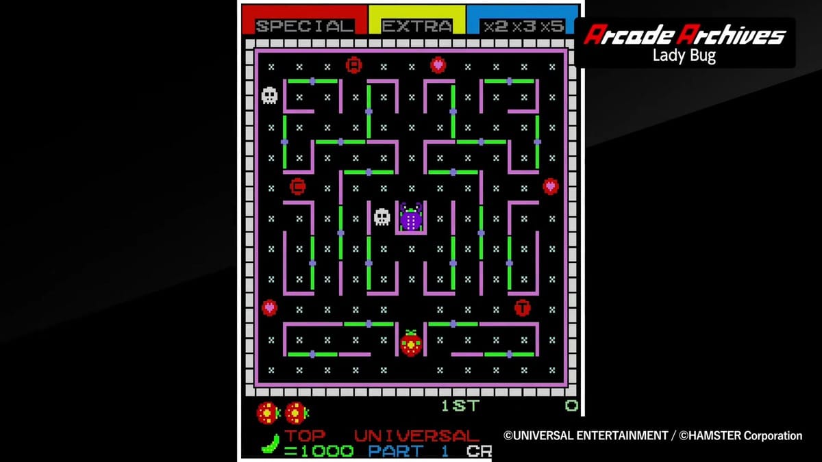 Start of Part 1 gameplay showing the ladybug in the maze with revolving doors.