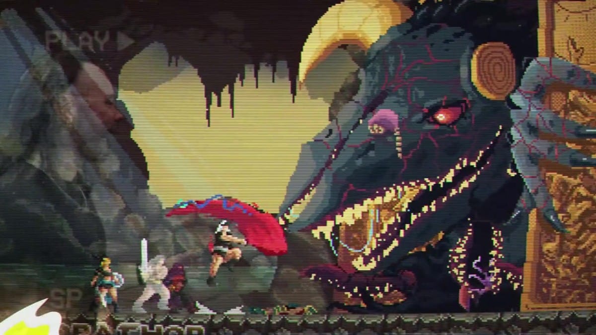 Pixel art heroes battling a giant skeletal dragon boss inside a cavern