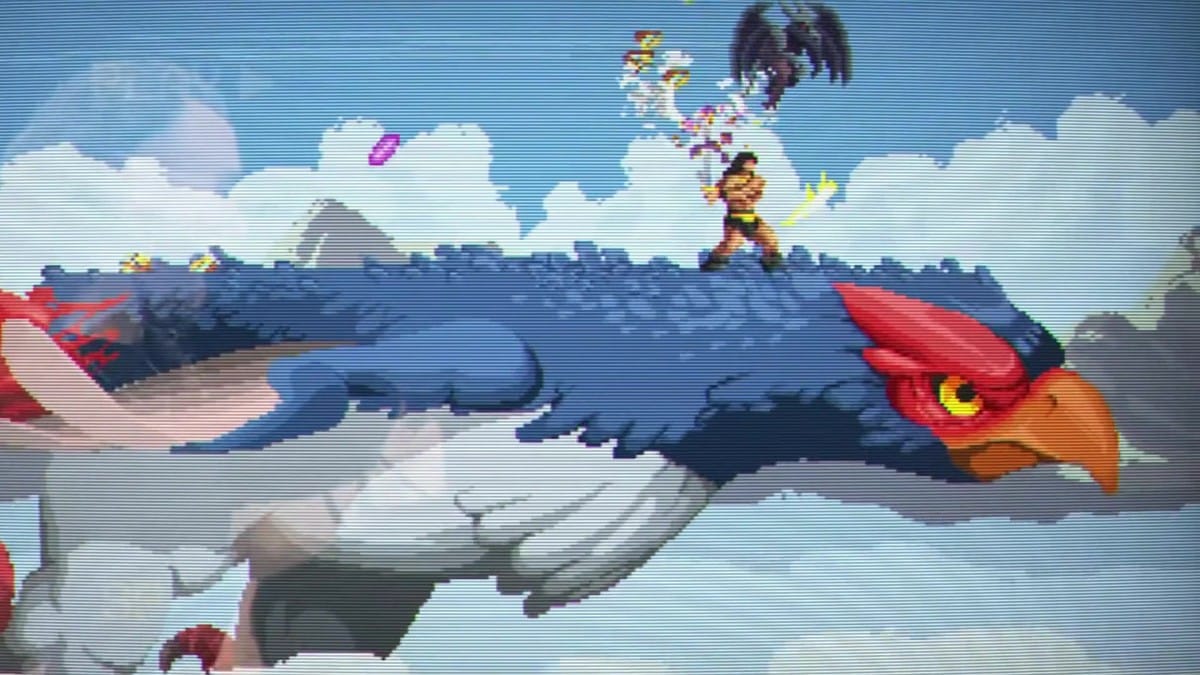 Player character riding atop a giant blue eagle while fighting winged enemies