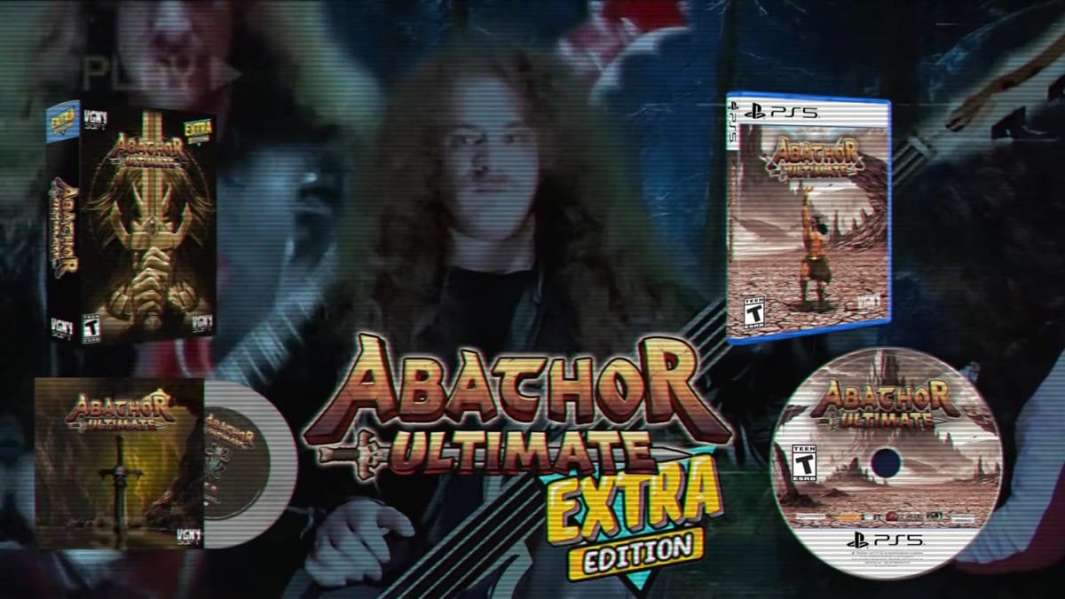 Physical contents of the Abathor Ultimate Extra Edition shown side-by-side with game footage