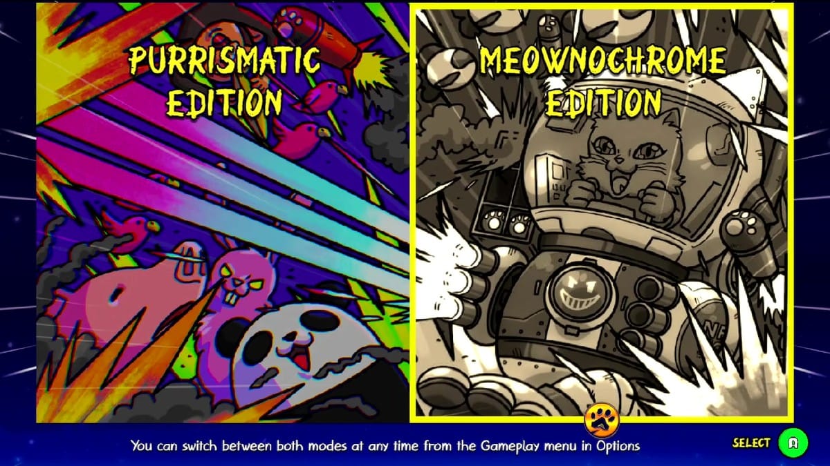 Mode selection screen comparing vibrant 'Purrismatic Edition' and monochrome 'Meownochrome Edition'