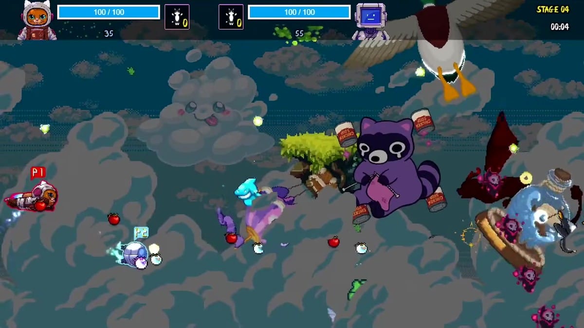Split screen action displaying 'Competitive Couch Co-op' gameplay