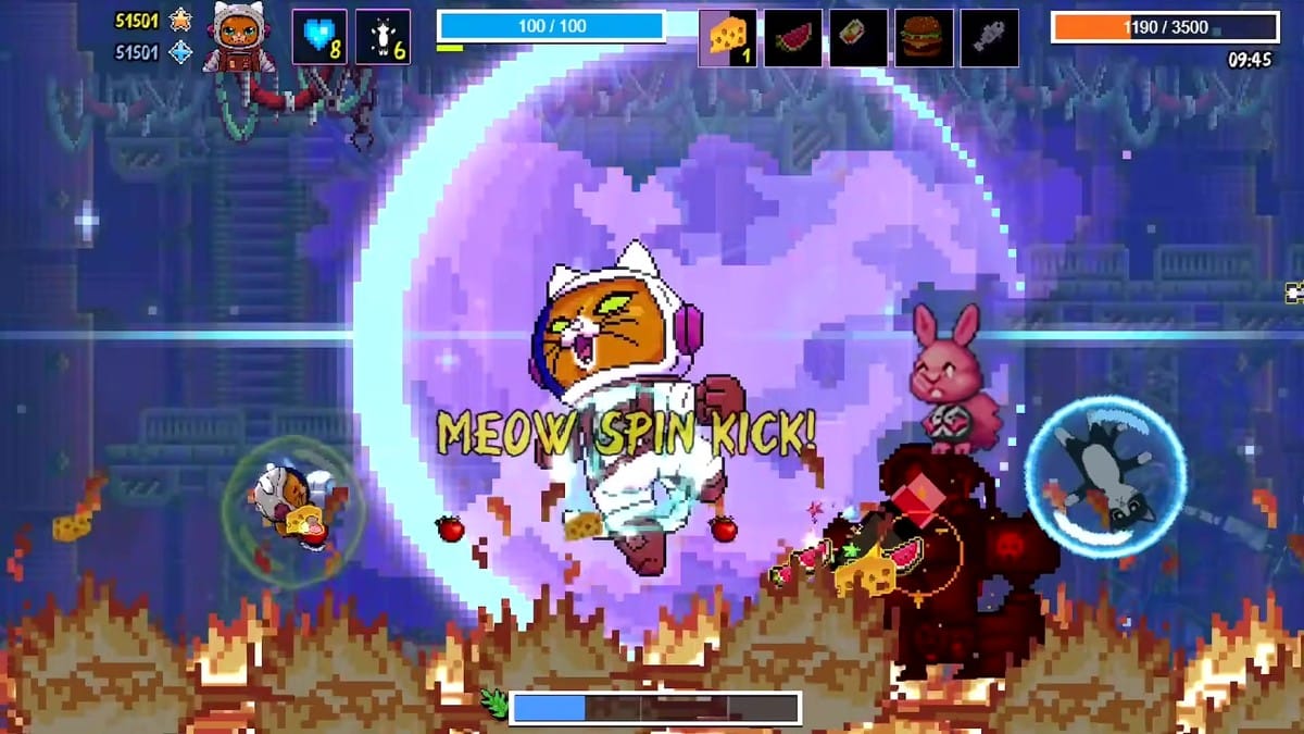 Astronaut cat unleashing a massive 'Meow Spin Kick' attack amid retro pixel chaos